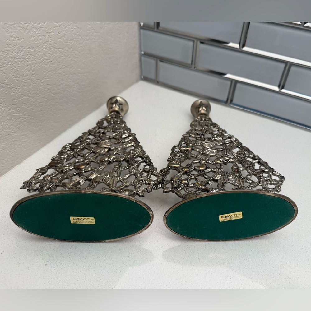 Vintage Enesco Silver Plated Christmas Tree Candle Holders Filigree-style Retro - Picture 6 of 16